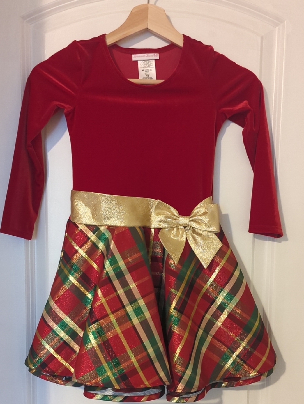 Bonnie Jean Girls Red Velvet Dress with Gold Bow and Plaid Skirt